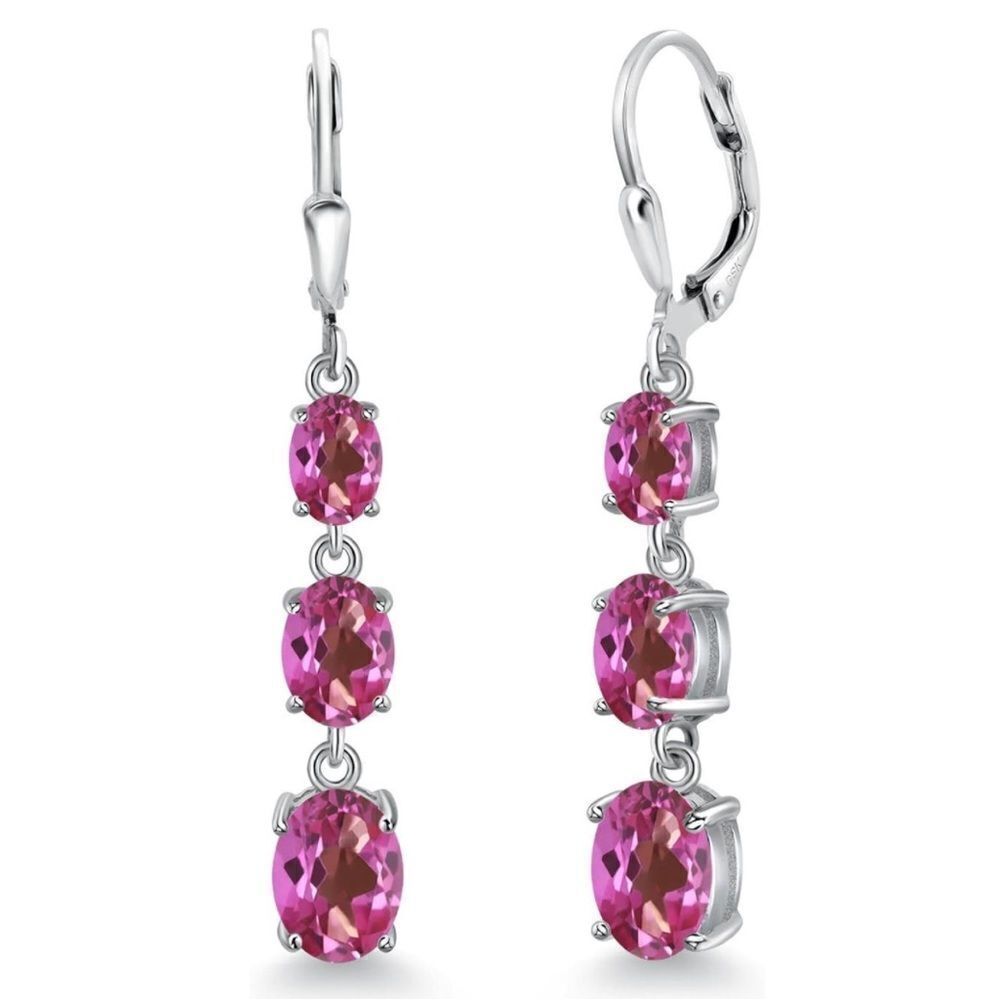 925 Sterling Silver with 5.20 Cttw 3 Stone Pink Mystic Topaz Leverback Earrings